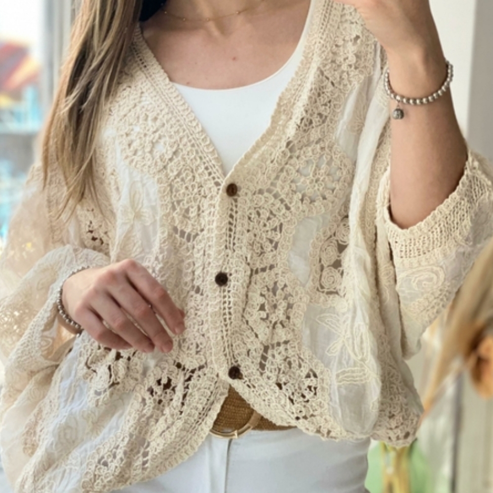 POL Anthropology All-over Lace Bat Wing Boho Cream Short Sleeve Cardigan One Sz